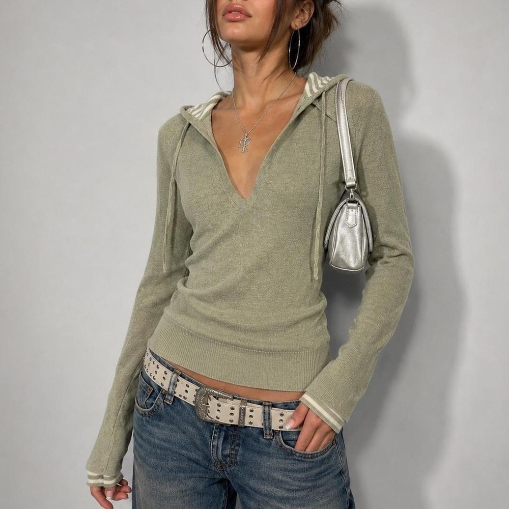 Arizona Layered Striped Sage Green Hooded Sweater Preppy Indie Juniors L